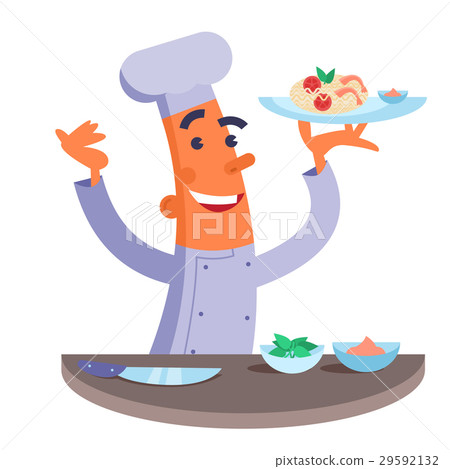 Cartoon chef holding plate with pasta and shrimps. Cartoon chef holding plate with pasta and shrimps. 29592132