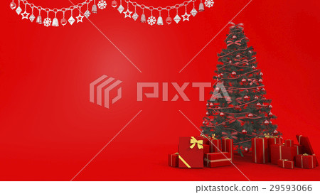 red bell on christmas tree with gift and decor red bell on christmas tree with gift and decor 29593066