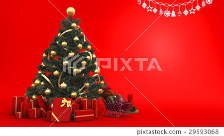 yellow bell on christmas tree with gift and decor yellow bell on christmas tree with gift and decor 29593068