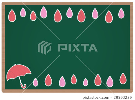 Blackboard with red and pink umbrellas and rain 29593289