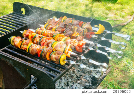 Meat and vegetable skewers on grill in nature Meat and vegetable skewers on grill in nature 29596093
