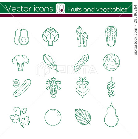 Green fruits and vegetables, Line vector icons. 29596264