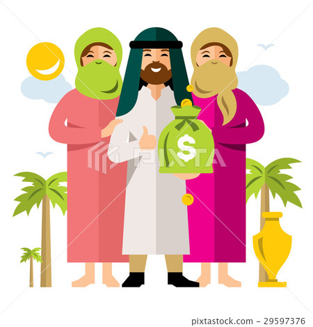 Vector Polygamy. Saudi man and his harem.  29597376