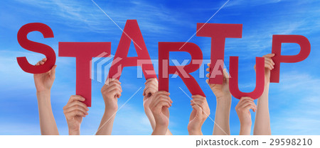 Hands Holding Red Word Startup Blue Sky 29598210