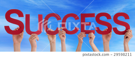 Hands Holding Red Straight Word Success Blue Sky 29598211