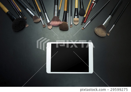 cosmetics and tablet on black background cosmetics and tablet on black background 29599275