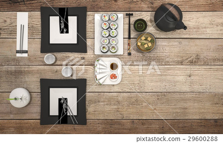 sushi plate with black bowl soup 29600288