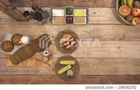 look delicious breakfast with fruit on wood table 29600292