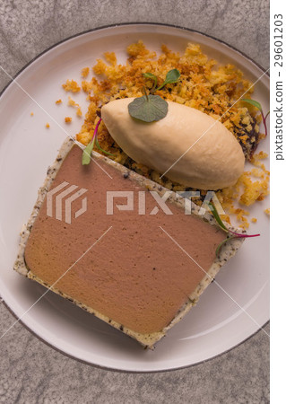 Giving of a dish of parfait from a liver of a guin Giving of a dish of parfait from a liver of a guin 29601203