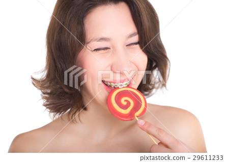 Close-up shot of girl with multicolored bracket 29611233