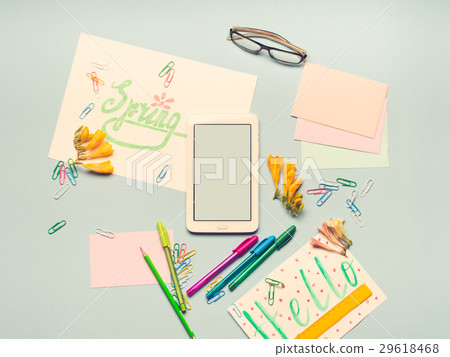 Blue flat lay gadget stationery spring lettering - Stock Photo ...