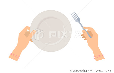 Female hands with steel fork, empty ceramic plate. Female hands with steel fork, empty ceramic plate. 29620763