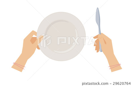 Female hands with table knife and empty plate. 29620764