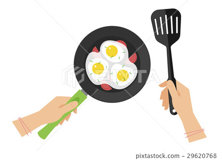 ands with cooking pan with scrambled eggs, spatula 29620768