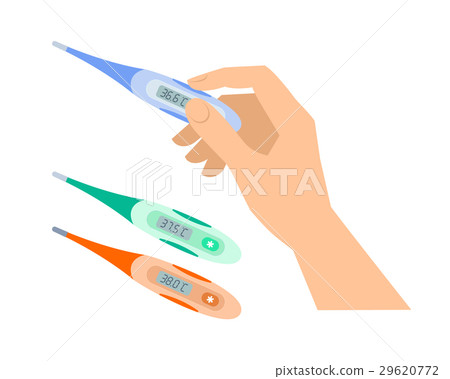 Female hand is holding a digital thermometer.  29620772