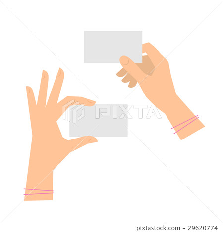 Two women's hands are holding business cards. 29620774