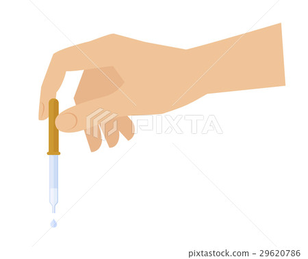 Hand with pipette. Dropper and liquid drop.  29620786