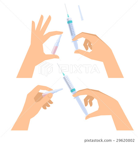 Hands with syringe and ampoule. Science, medical 29620802