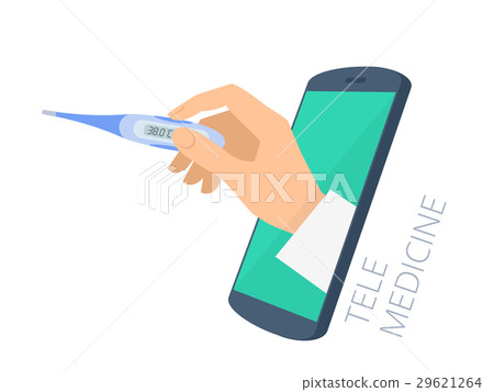 Doctor's hand holding thermometer through a phone Doctor's hand holding thermometer through a phone 29621264