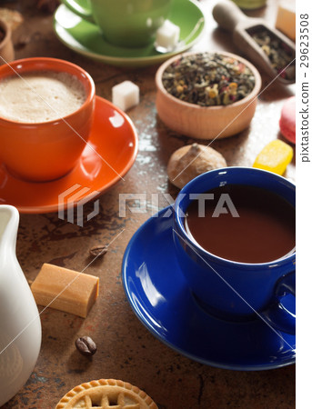 cup of cacao and coffee at table 29623508