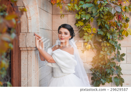 A stylish bride stands by the brick wall A stylish bride stands by the brick wall 29629587