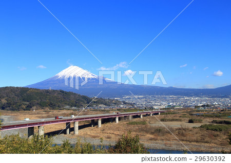 Trucks and cars driving on Tomei high speed Mt. Fuji 29630392