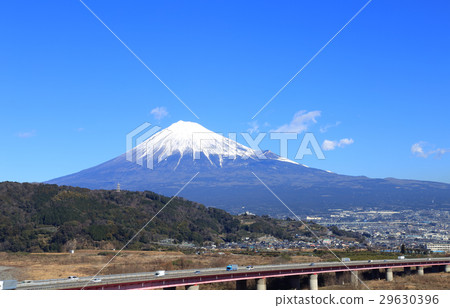 Trucks and cars driving on Tomei high speed Mt. Fuji 29630396