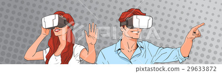 Woman And Man Wear Virtual Reality Digital Glasses - Stock Illustration ...