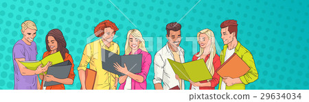 Young People Group Students Reading Over Pop Art 29634034