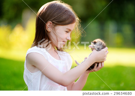 Adorable little girl playing with small kitten Adorable little girl playing with small kitten 29634680