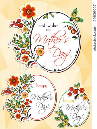 Greeting oval labels with Hohloma floral ornament 29636007