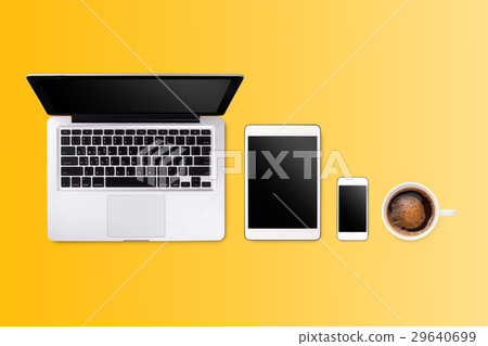 Laptop tablet smartphone  and coffee on yellow 29640699