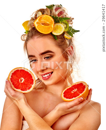 Hair hydrating mask from fresh fruits on woman Hair hydrating mask from fresh fruits on woman 29641417