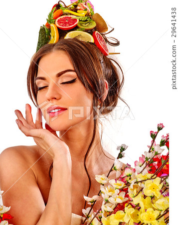 Hair mask from fresh fruits on woman head and Hair mask from fresh fruits on woman head and 29641438