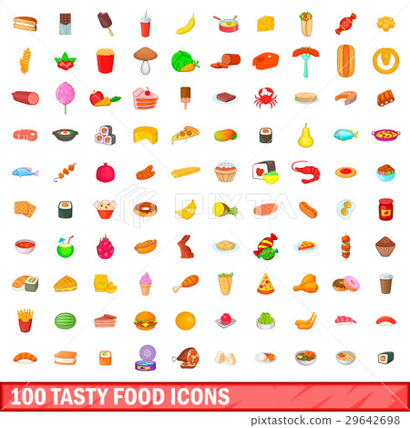 100 tasty food icons set, cartoon style 29642698