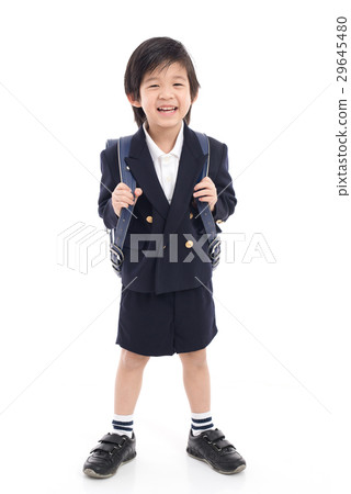 Asian child in school uniform with blue school bag Asian child in school uniform with blue school bag 29645480