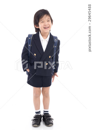 Asian child in school uniform with blue school bag 29645488
