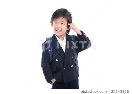 Asian child in school uniform with blue school bag 29645836