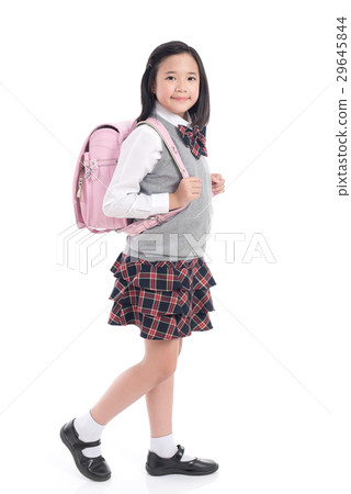 Asian child in school uniform with pink school bag Asian child in school uniform with pink school bag 29645844