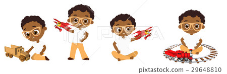 Set African American boy with glasses playing toy Set African American boy with glasses playing toy 29648810