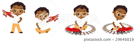 Set African American boy with glasses playing toy Set African American boy with glasses playing toy 29648819