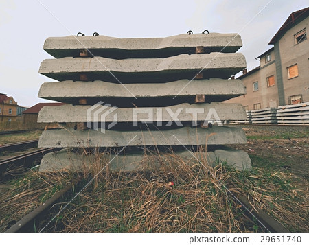 Sleepers stock in railway depot. New concrete ties 29651740