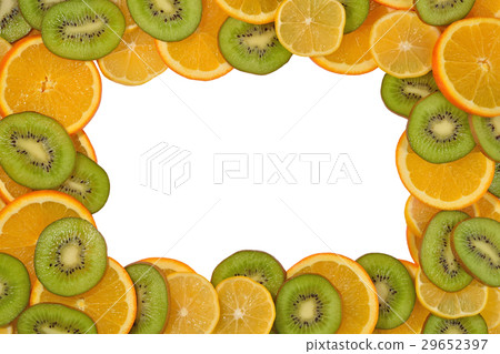 Frame of orange, lemon and kiwi slices on a white Frame of orange, lemon and kiwi slices on a white 29652397