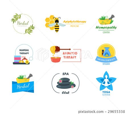 Cartoon Alternative Medicine Badges or Labels Set 29655338