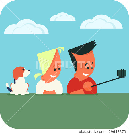 Young couple with dog taking selfie. Young couple with dog taking selfie. 29658873