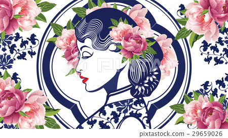 Vector Blue and White Chinese Lady in Retro Style Vector Blue and White Chinese Lady in Retro Style 29659026