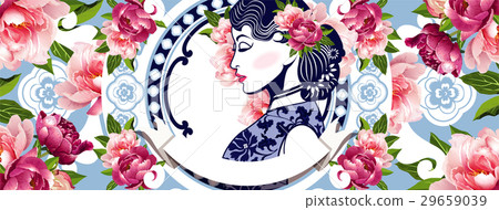 Vector Blue and White Chinese Lady in Retro Style 29659039