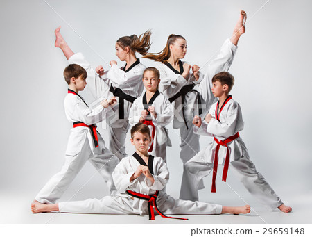 The studio shot of group of kids training karate The studio shot of group of kids training karate 29659148