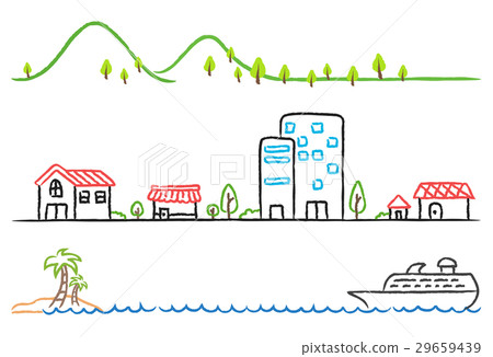 Cartoon hand drawing of small town, green mountain Cartoon hand drawing of small town, green mountain 29659439