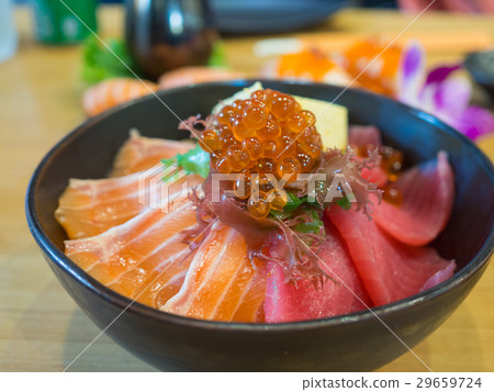 donburi, japanese food made by fresh salmon 29659724